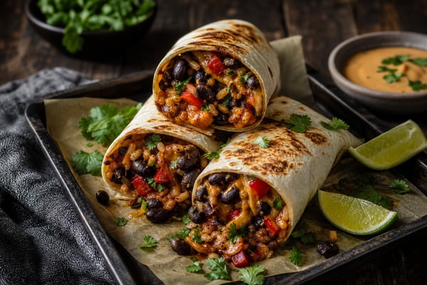 Tray Smoky Black Bean Veggie Burritos recipe from Sunday Box Kitchen