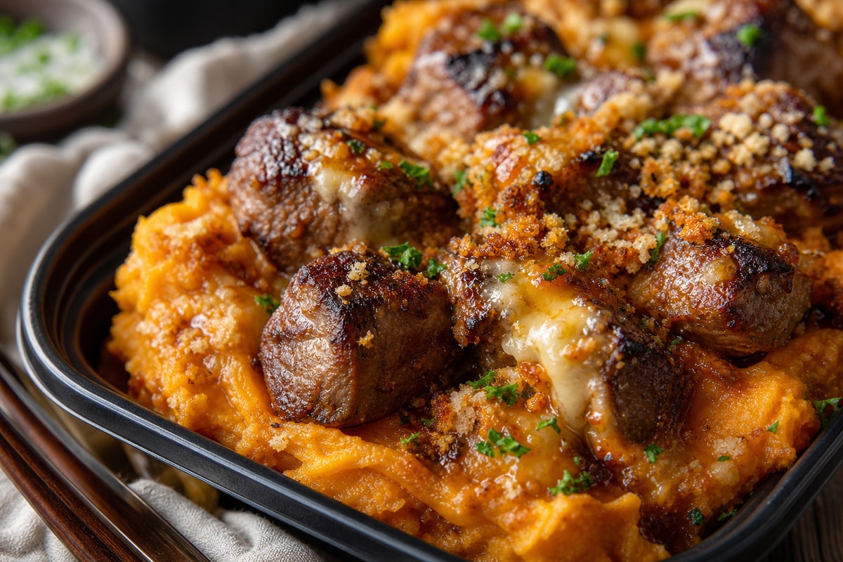 Portioned Steak Bites Sweet Potato Mash Trays Portioned Steak Bites Sweet Potato Mash Trays recipe from Sunday Box Kitchen