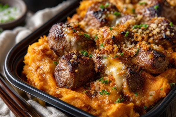 Portioned Steak Bites Sweet Potato Mash Trays recipe from Sunday Box Kitchen