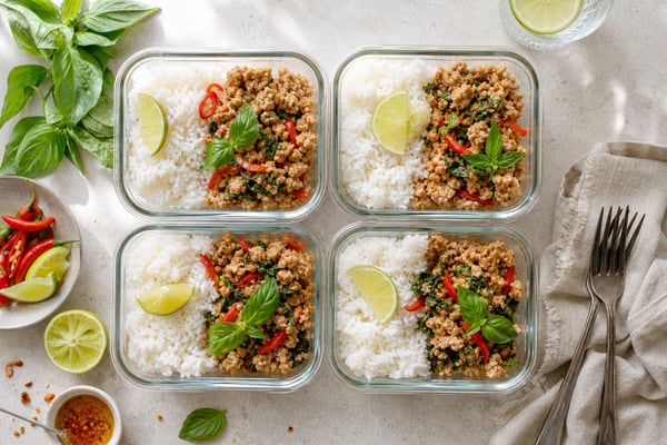 Grab-and-Go Thai Basil Turkey Rice Portions recipe from Sunday Box Kitchen