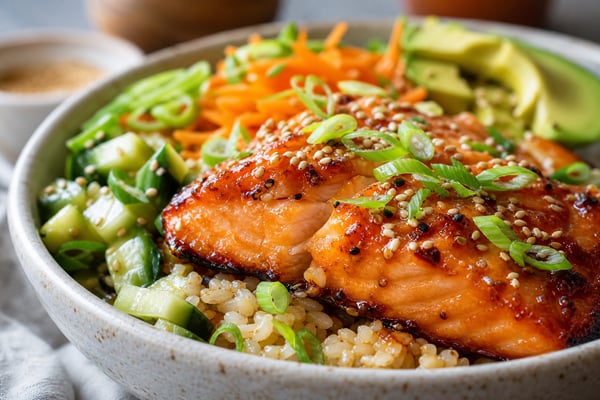 Batch Orange Miso Salmon Grab Bowls recipe from Sunday Box Kitchen