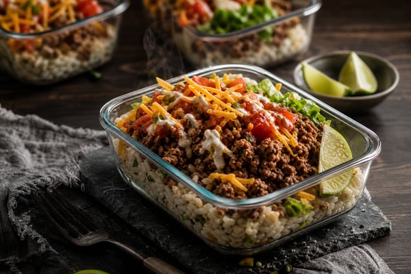 Portioned Lean Beef Taco Rice Containers recipe from Sunday Box Kitchen