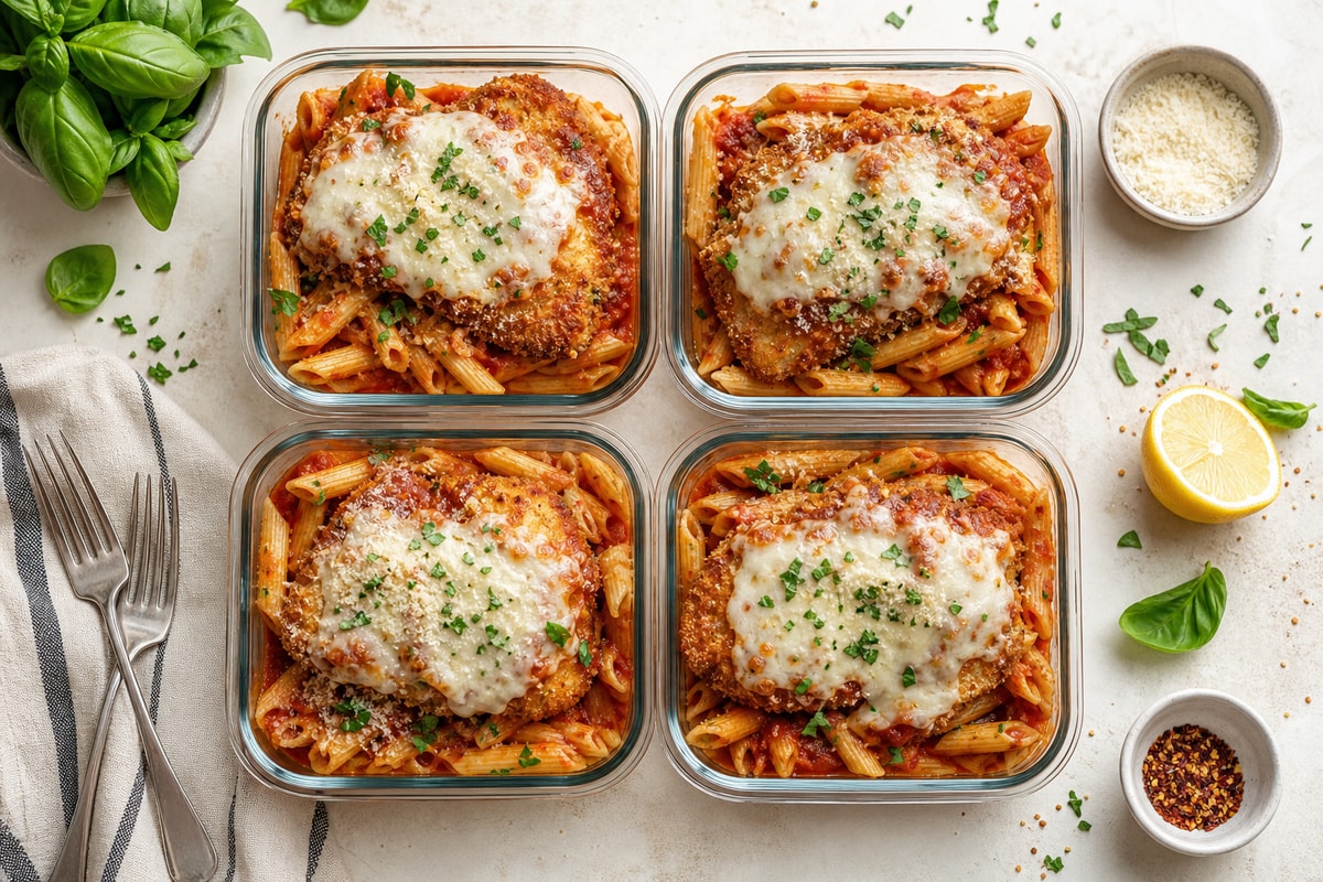Tray Chicken Parmesan Penne Portions Tray Chicken Parmesan Penne Portions recipe from Sunday Box Kitchen