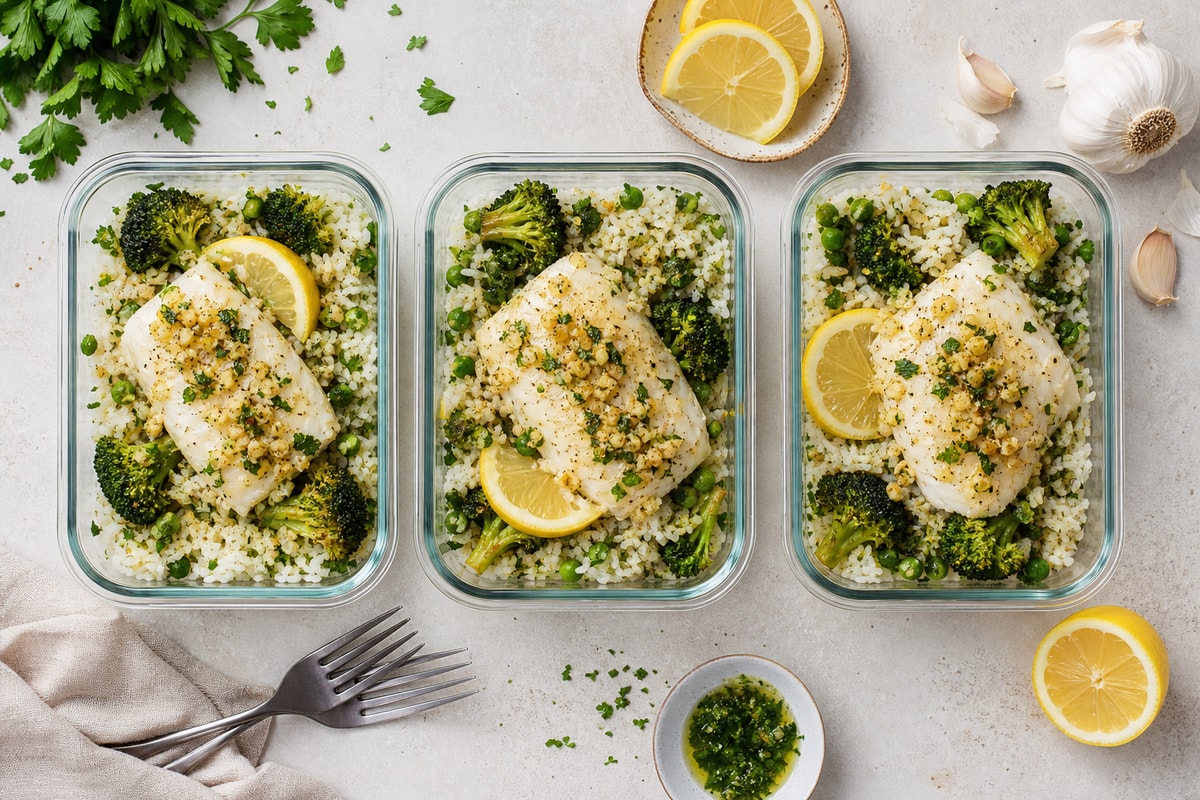 Portioned Lemon Garlic Cod Rice Trays recipe from Sunday Box Kitchen