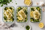 Portioned Lemon Garlic Cod Rice Trays recipe from Sunday Box Kitchen