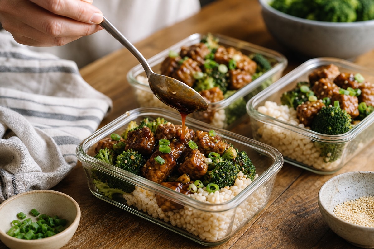 Tray Teriyaki Tempeh Broccoli Boxes recipe from Sunday Box Kitchen