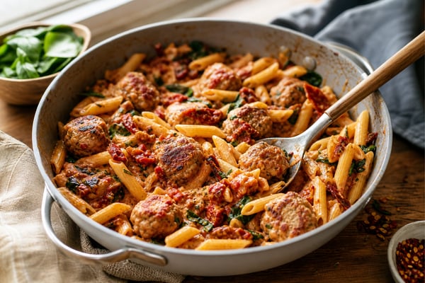 Grab-and-Go Sun-Dried Tomato Turkey Meatball Pasta recipe from Sunday Box Kitchen