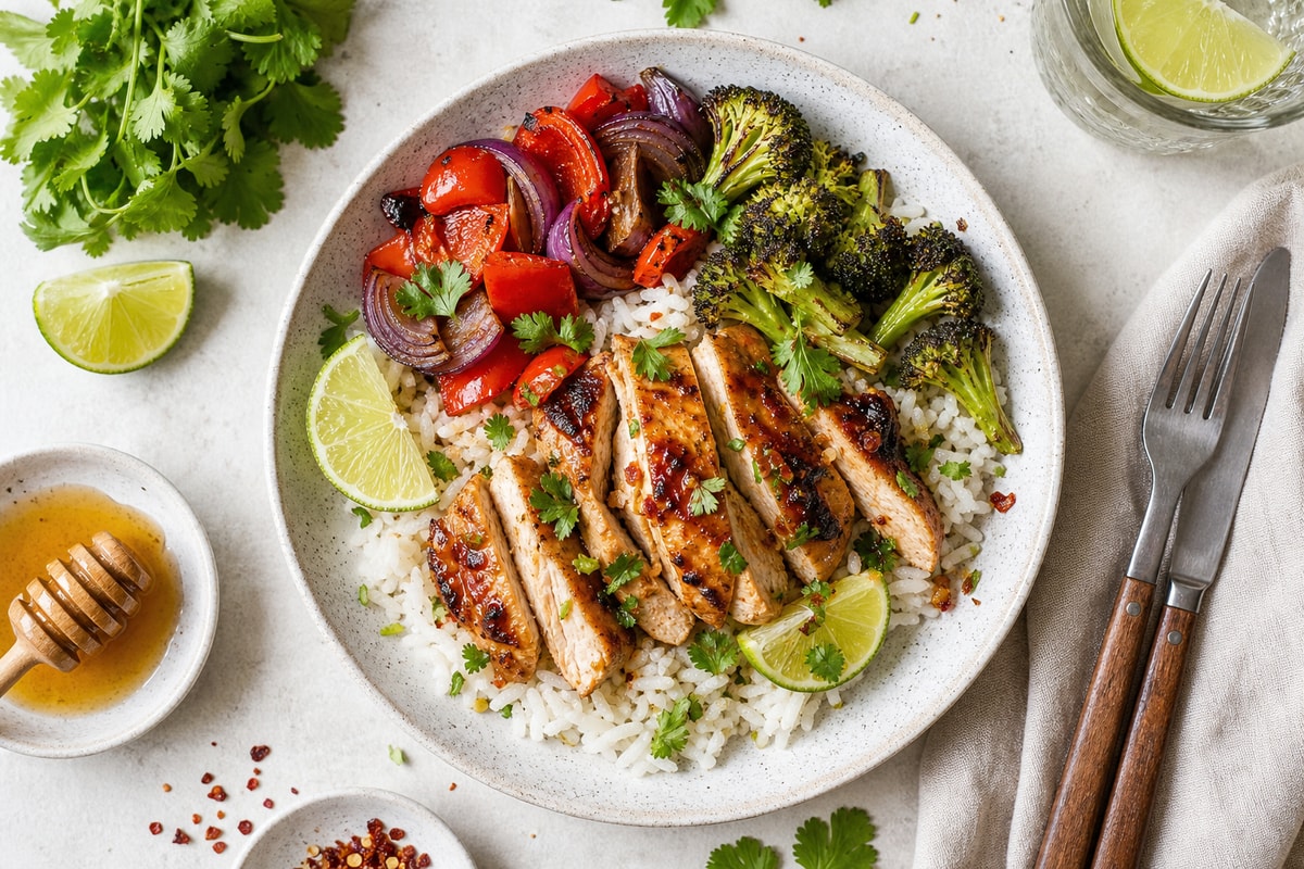 Sheet-Pan Honey Lime Chicken Rice Bowls recipe from Crossroads Kitchen