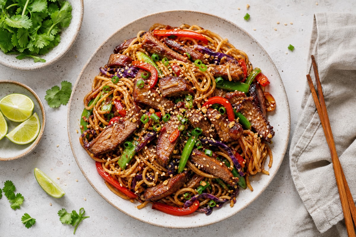 Roasted Sesame Pork Noodle Stir-Fry recipe from Crossroads Kitchen