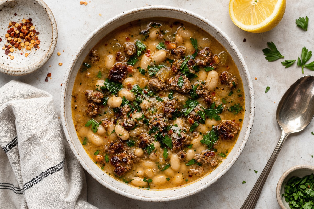 Crispy Italian Sausage White Bean Soup recipe from Crossroads Kitchen