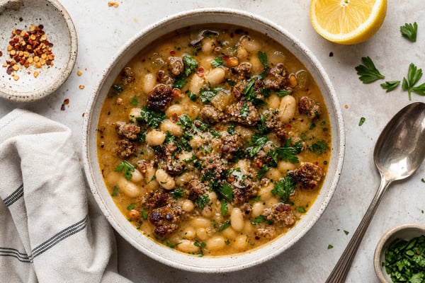 Crispy Italian Sausage White Bean Soup recipe from Crossroads Kitchen