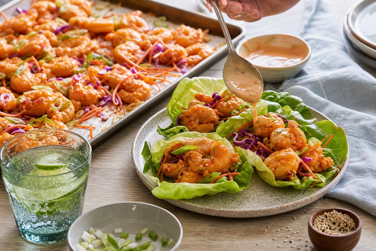 Sheet-Pan Bang Bang Shrimp Lettuce Cups Sheet-Pan Bang Bang Shrimp Lettuce Cups recipe from Crossroads Kitchen