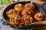 Skillet Smoky Chickpea Stuffed Peppers recipe from Crossroads Kitchen