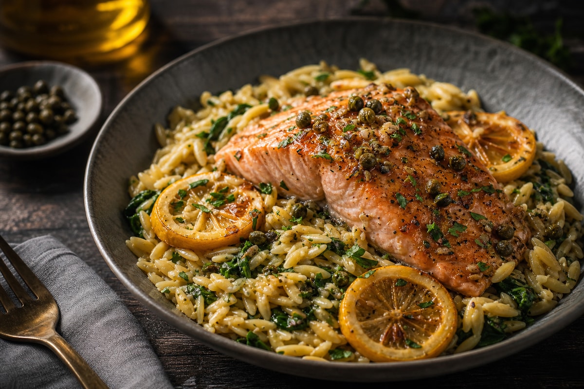 Roasted Lemon Caper Salmon Orzo recipe from Crossroads Kitchen