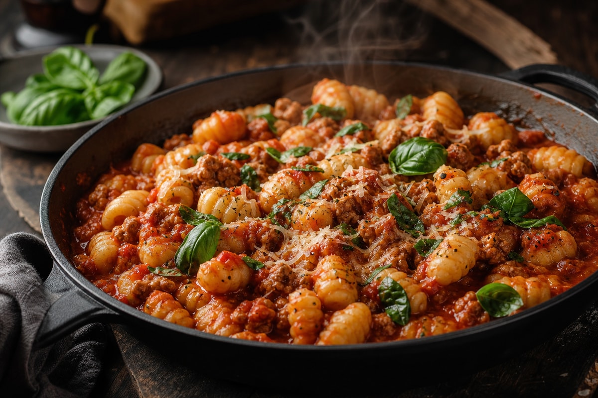 One-Pot Tomato Basil Turkey Gnocchi recipe from Crossroads Kitchen