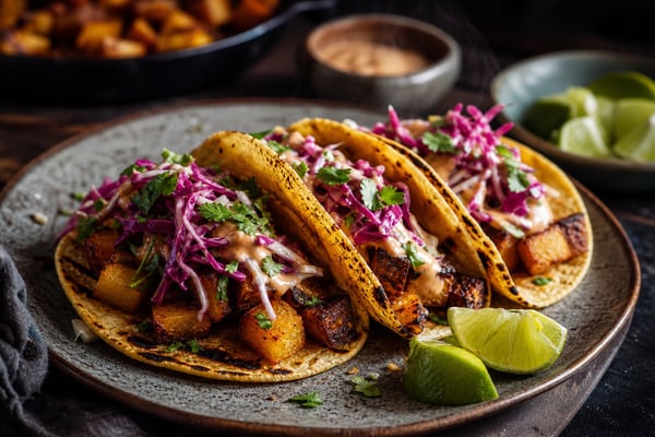 Grilled Crispy Potato Tacos with Slaw recipe from Crossroads Kitchen