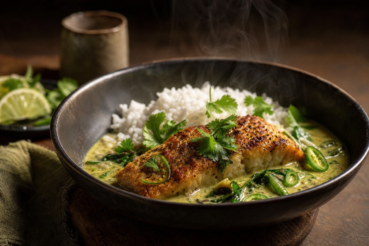 Crispy Green Coconut Fish Curry recipe from Crossroads Kitchen