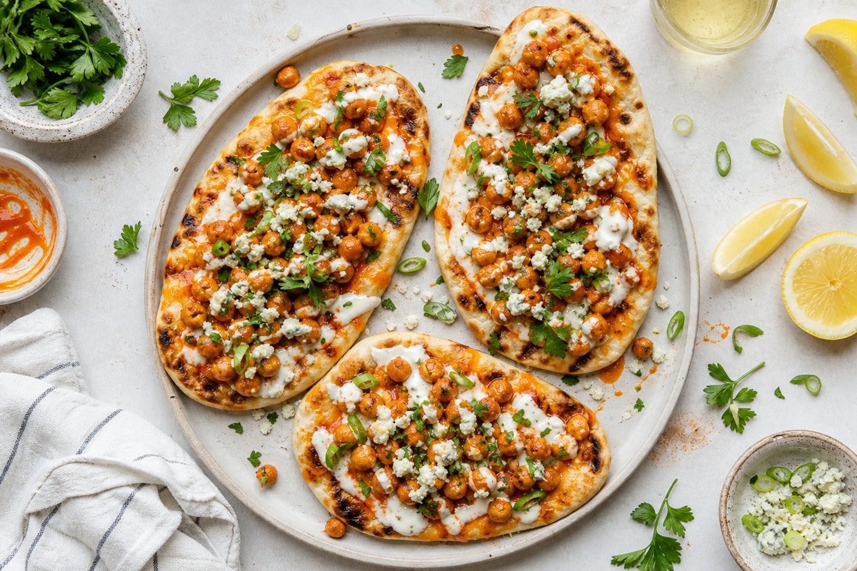 Sheet-Pan Buffalo Chickpea Flatbreads Sheet-Pan Buffalo Chickpea Flatbreads recipe from Crossroads Kitchen