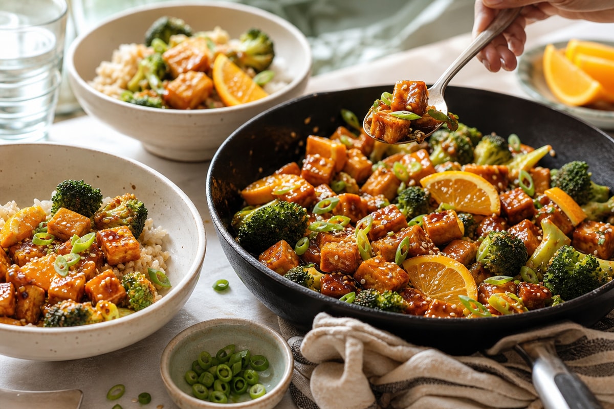 Skillet Sticky Orange Tofu Bowls recipe from Crossroads Kitchen
