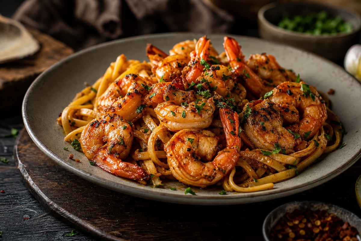 Grilled Smoked Paprika Shrimp Pasta recipe from Crossroads Kitchen