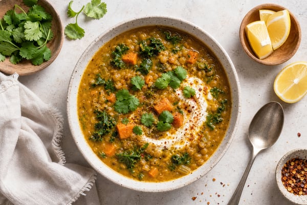 Roasted Curried Lentil Kale Soup recipe from Crossroads Kitchen