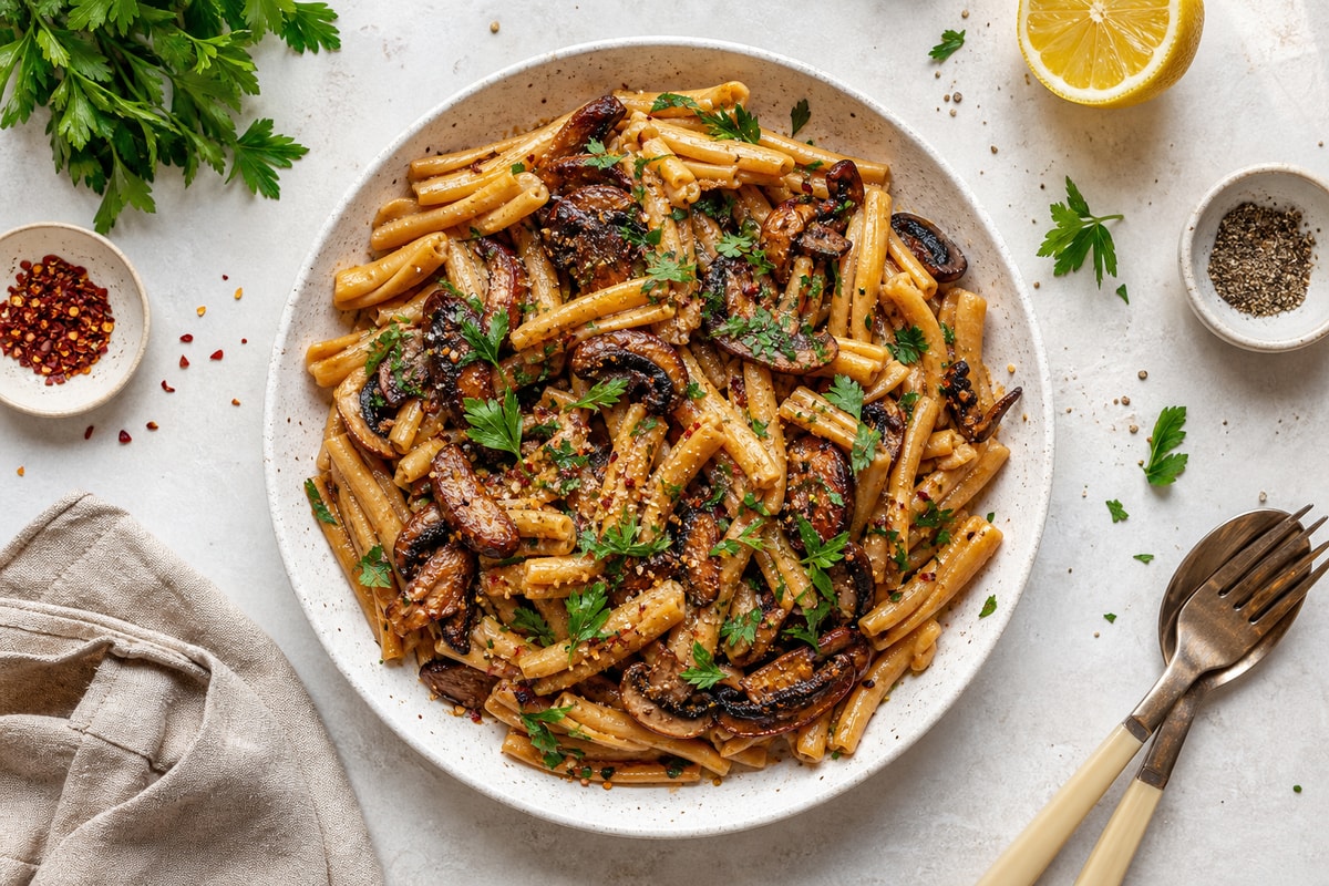Sheet-Pan Miso Brown Butter Mushroom Pasta recipe from Crossroads Kitchen
