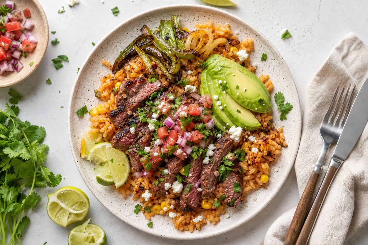 Skillet Carne Asada Style Rice Plates recipe from Crossroads Kitchen