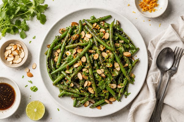 Grilled Tamari Almond Green Bean Stir-Fry recipe from Crossroads Kitchen
