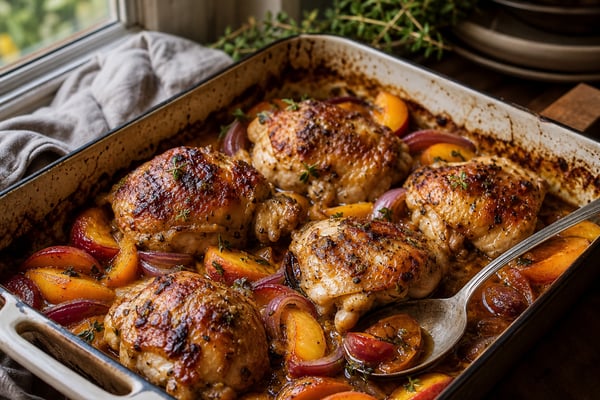 Roasted Savory Peach Chicken Thighs recipe from Crossroads Kitchen