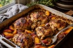 Roasted Savory Peach Chicken Thighs recipe from Crossroads Kitchen