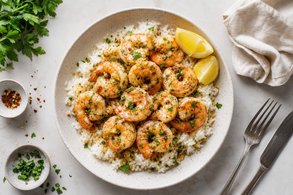 15-Minute Garlic Butter Shrimp with Rice recipe from Quarter Hour Table