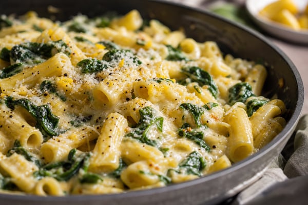 One-Skillet Creamy Lemon Spinach Pasta recipe from Quarter Hour Table