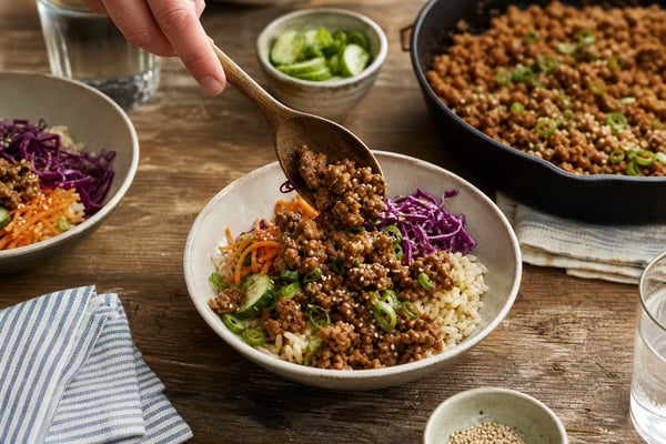 Weeknight Sesame Soy Ground Turkey Bowls recipe from Quarter Hour Table