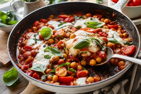 15-Minute Caprese Chickpea Skillet recipe from Quarter Hour Table