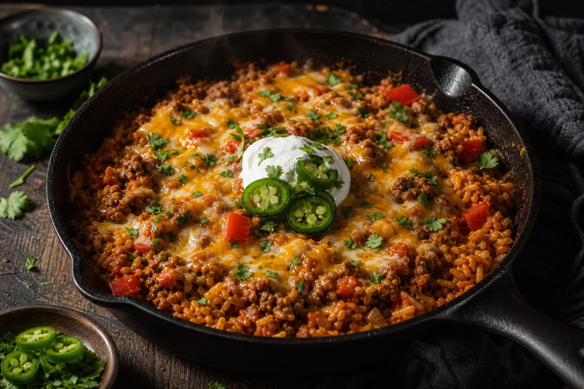 Weeknight Cheesy Taco Rice Skillet recipe from Quarter Hour Table