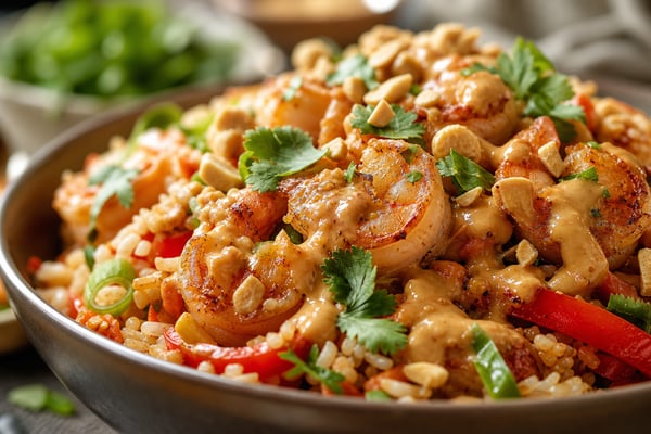 One-Skillet Shrimp Peanut Rice Bowls recipe from Quarter Hour Table
