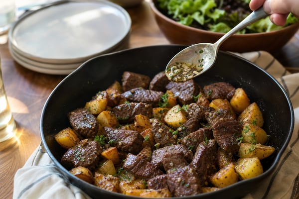 Lightning Steak Bits with Garlic Butter Potatoes recipe from Quarter Hour Table