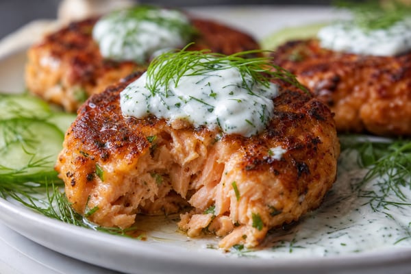 One-Skillet Salmon Cakes with Yogurt Dill recipe from Quarter Hour Table