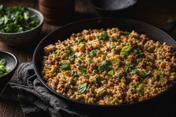 Weeknight Green Chile Turkey Skillet Rice recipe from Quarter Hour Table