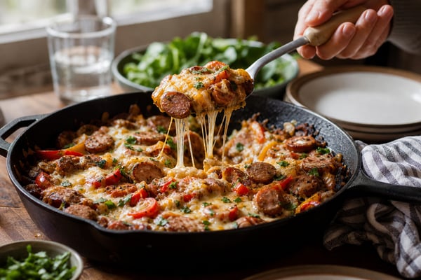 One-Skillet Sausage Pepper Hoagie Skillet recipe from Quarter Hour Table