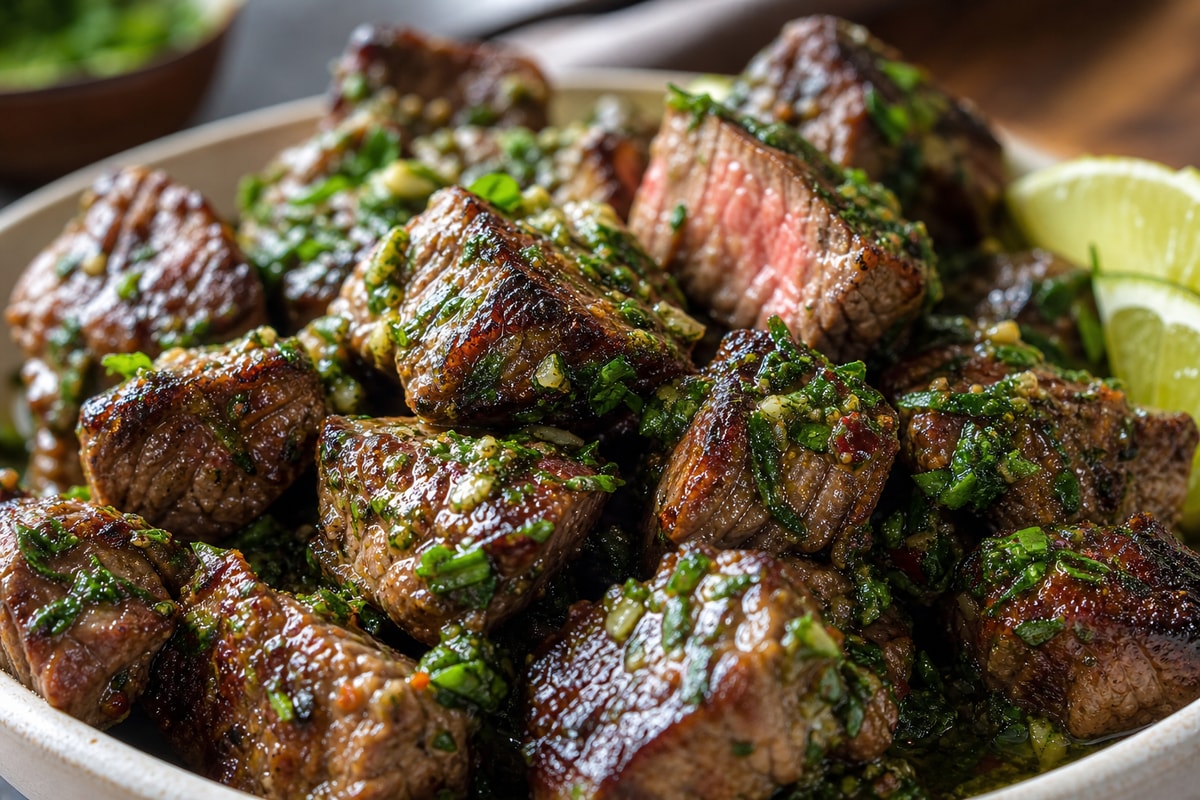 One-Skillet Chimichurri Steak Bites recipe from Quarter Hour Table