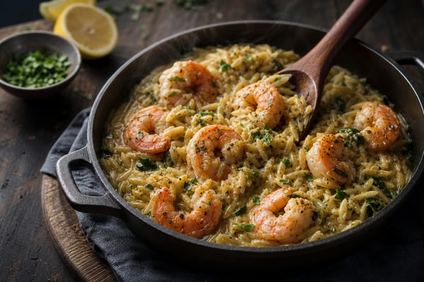 One Pot Garlic Butter Shrimp and Orzo recipe from The Snap Skillet