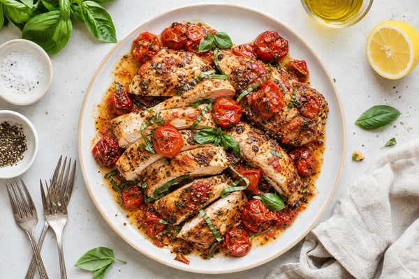 Baked Tomato Basil Chicken recipe from Sunrise & Crumb