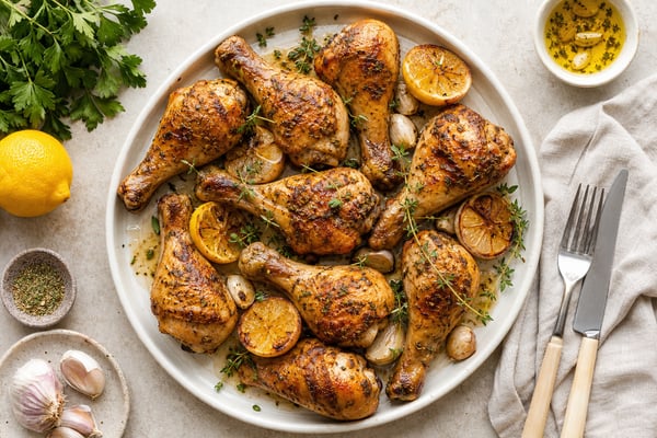 Baked Chicken Drumsticks with Lemon and Garlic recipe from Thrifty Thyme