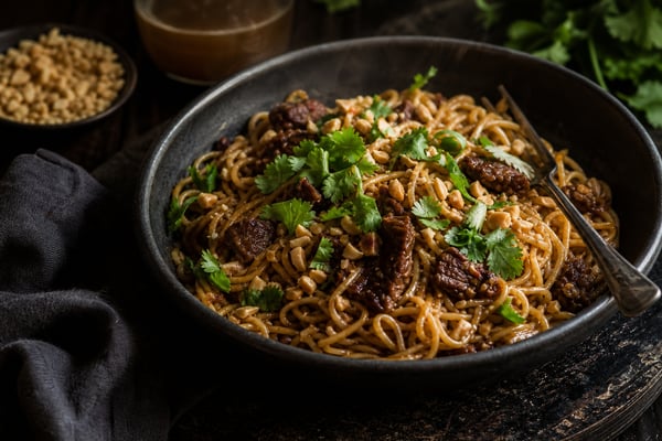 Caramelized Beef and Peanut Noodles recipe from Thrifty Thyme