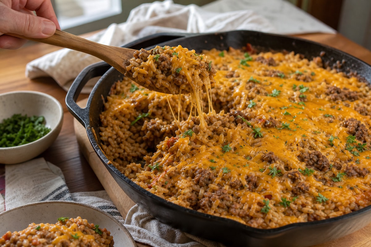 Cheesy Beef and Rice Skillet Cheesy Beef and Rice Skillet recipe from Thrifty Thyme