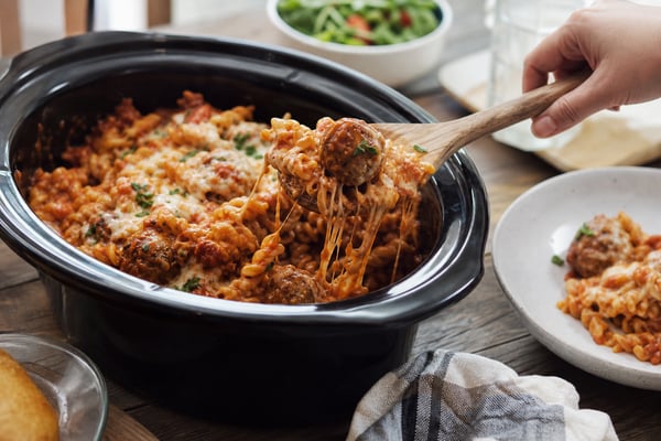 Cheesy Slow Cooker Meatball Pasta recipe from Thrifty Thyme