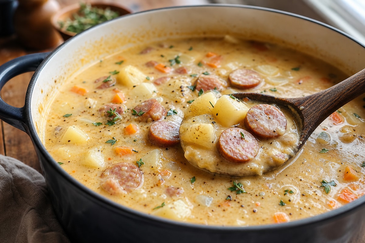 Creamy Kielbasa Potato Soup recipe from Thrifty Thyme