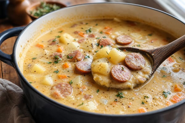 Creamy Kielbasa Potato Soup recipe from Thrifty Thyme