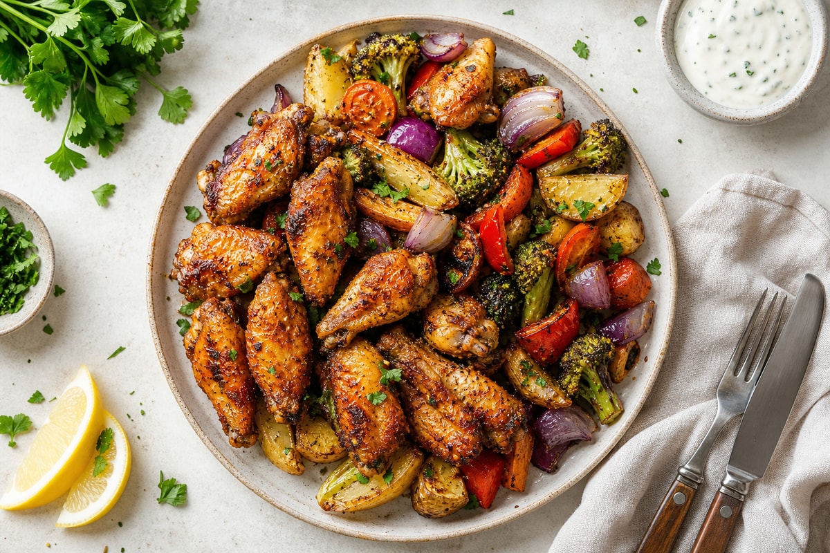 Crispy Baked Chicken Wings with Roasted Vegetables Crispy Baked Chicken Wings with Roasted Vegetables recipe from Thrifty Thyme